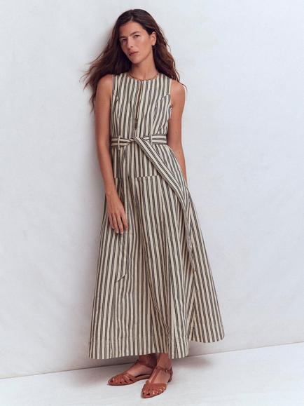 Boden Stripe Zip Front Denim Dress, Ivory/Navy, Ivory/Navy