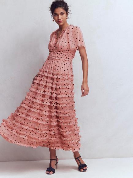 Boden V-Neck Polka Dot Ruffle Tulle Dress, Pink/Black, Pink/Black