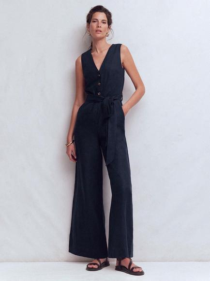 Boden Laura Button Neck Pure Linen Jumpsuit, Navy, Navy