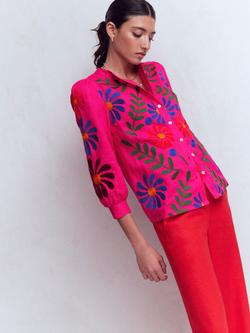 Boden Alicia Boho Pure Linen Top, Pink/Multi, Pink/Multi