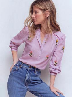 Boden Embroidered Floral Picot Trim Top, Purple/Multi, Purple/Multi