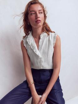 Boden Isabel Ruffle Sleeveless Pure Linen Top, White, White