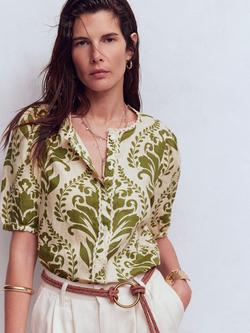 Boden Leah Floral Short Sleeve Pure Linen Top, Ivory/Green, Ivory/Green