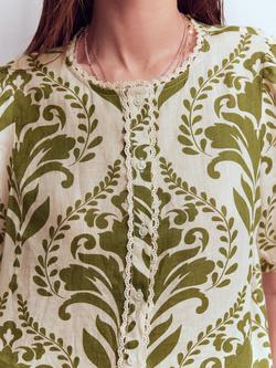 Boden Leah Floral Short Sleeve Pure Linen Top, Ivory/Green - view 2, Ivory/Green