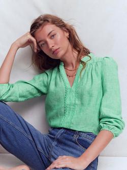 Boden Notch Neck Pure Linen Top, Aloe Green Chambray, Aloe Green Chambray
