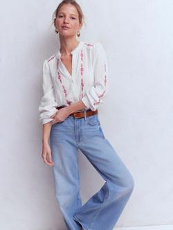 Boden Rhea Blush Floral Trim Double Cloth Top, White/Blush, White/Blush