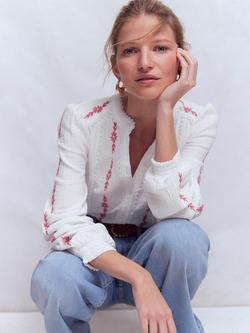 Boden Rhea Blush Floral Trim Double Cloth Top, White/Blush - view 2, White/Blush