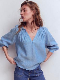 Boden Serena Pleat Neck Pure Linen Top, Chambray, Chambray
