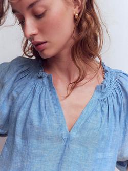 Boden Serena Pleat Neck Pure Linen Top, Chambray - view 2, Chambray