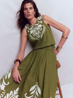 Boden Sofia Embroidered Pure Linen Top, Winter Moss/Ivory - view 2, Winter Moss/Ivory
