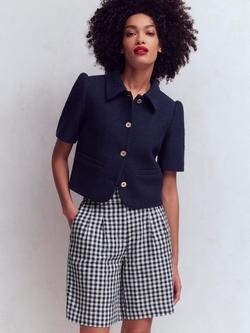 Boden Kensington Linen Check Shorts, Navy/Ivory, Navy/Ivory