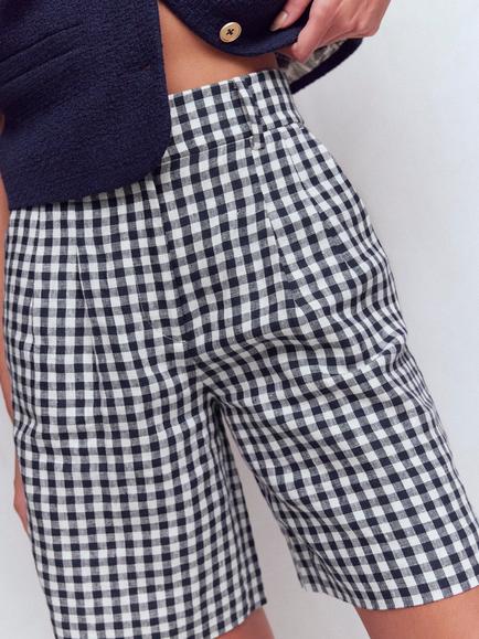 Boden Kensington Linen Check Shorts, Navy/Ivory - view 2, Navy/Ivory