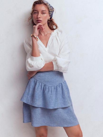 Boden Tiered Pure Linen Mini Skirt, Blue Chambray, Blue Chambray