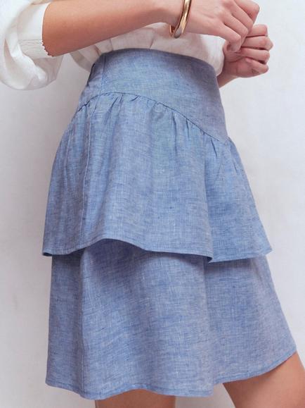 Boden Tiered Pure Linen Mini Skirt, Blue Chambray - view 2, Blue Chambray