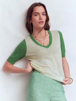 Boden Agnes V-Neck Colour Block Pure Linen Top, Ivory/ Green, Ivory/ Green