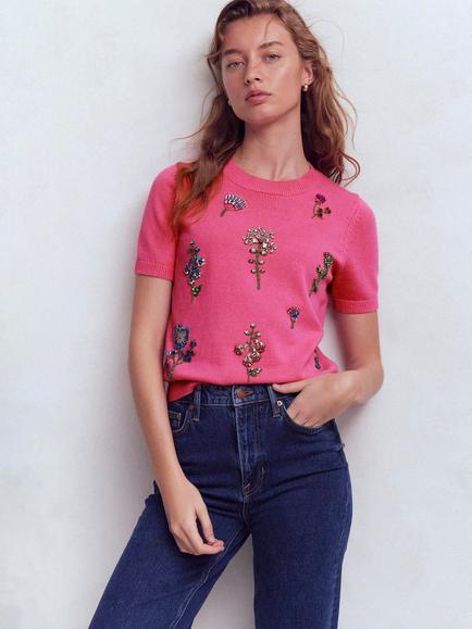 Boden Embellished Knit Top, Pink Punch, Pink Punch