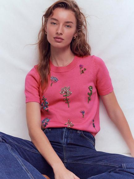 Boden Embellished Knit Top, Pink Punch - view 2, Pink Punch