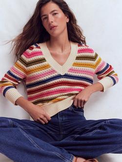 Boden Maeve Textured V-Neck Striped Jumper, Multi, Multi
