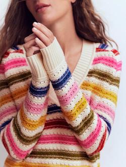 Boden Maeve Textured V-Neck Striped Jumper, Multi - view 2, Multi