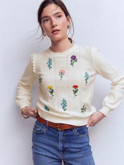 Boden Valeria Embroidered Floral Crochet Jumper, Ivory, Ivory