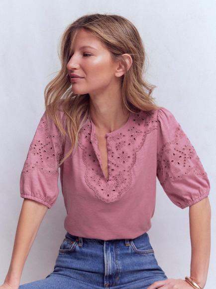 Boden Ada Broderie Mix Jersey Blouse, Lilas, Lilas