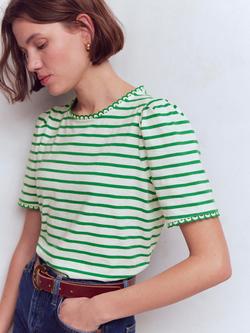 Boden Ali Striped Scalloped Edge T-Shirt, Ivory/Green, Ivory/Green