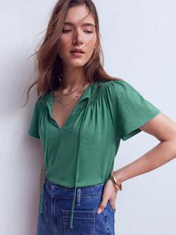 Boden Edi Trim Detail Tie Neck T-Shirt, Deep Sea, Deep Sea