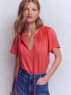 Boden Edi Trim Detail Tie Neck T-Shirt, Porcelain Rose, Porcelain Rose