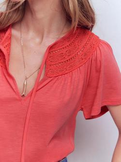 Boden Edi Trim Detail Tie Neck T-Shirt, Porcelain Rose - view 2, Porcelain Rose