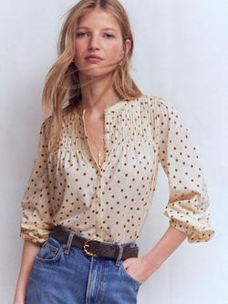 Boden Mya Painted Spot Smocked Jersey Shirt containing TENCEL™ Modal, Ginger/Multi, Ginger/Multi