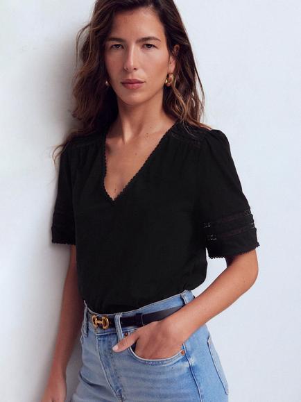 Boden Poppy Trim V-Neck Top, Black