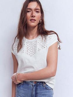 Boden Willow Broderie Anglaise Trim T-Shirt, Brilliant White, Brilliant White