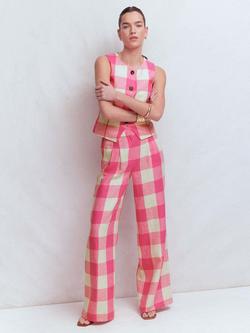 Boden Kensington Gingham Pure Linen Trousers, Pink/Cream, Pink/Cream