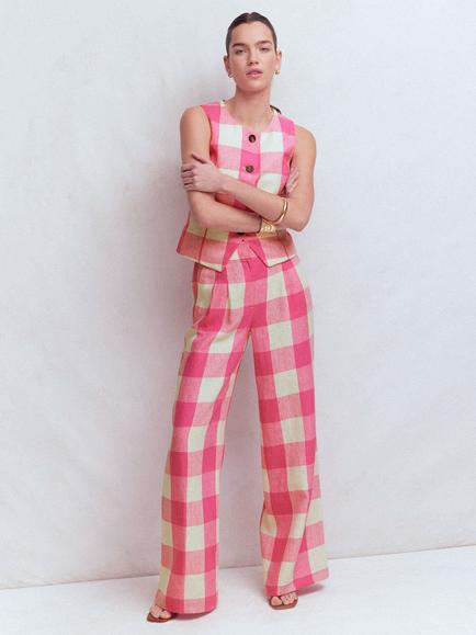 Boden Kensington Gingham Pure Linen Trousers, Pink/Cream, Pink/Cream