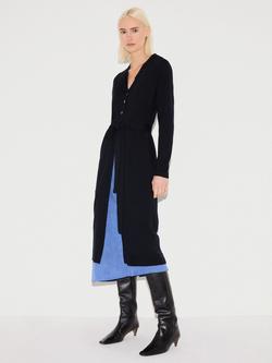 Jigsaw Belted Longline Pure Wool Cardigan, Dark Navy, Dark Navy