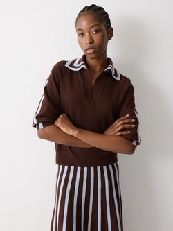 Jigsaw Contrast Stripe Pure Wool Jumper, Brown, Brown