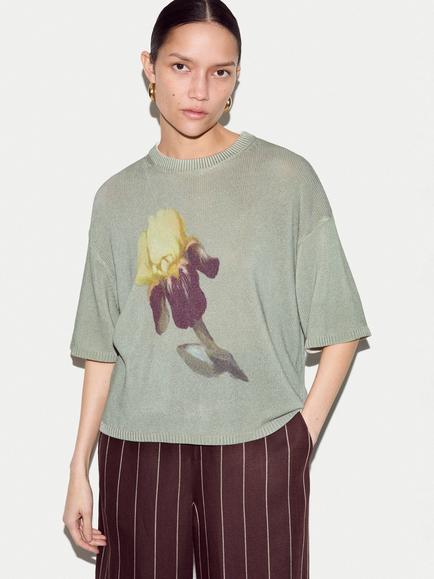 Jigsaw Painted Iris Elbow Sleeve Jumper, Green, Green