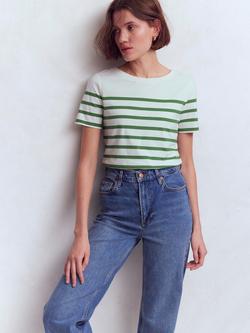 Boden Olivia Boat Neck Breton Stripe T-Shirt, Red/Ivory, Ivory/Green