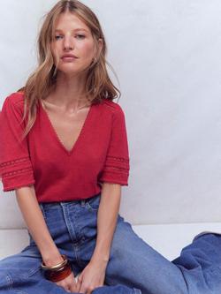 Boden Poppy Picot Trim T-Shirt, Earth Red, Earth Red
