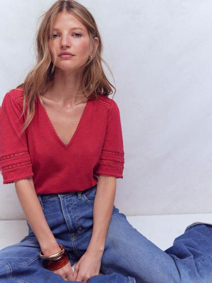 Boden Poppy Picot Trim T-Shirt, Earth Red, Earth Red