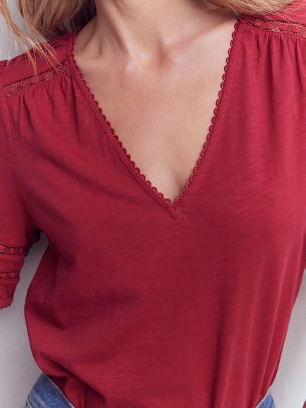 Boden Poppy Picot Trim T-Shirt, Earth Red - view 2, Earth Red