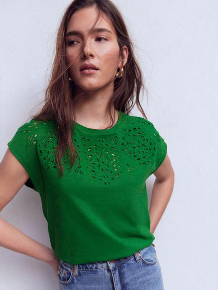 Boden Willow Broderie Detail T-Shirt, Verdant Green, Verdant Green