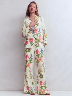 Boden Kensington Floral Linen Trousers, White/Multi, White/Multi