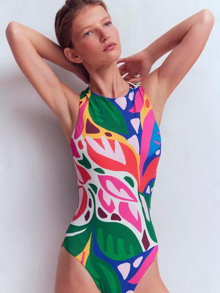 Boden Leafy Cascade Piped Sporty Swimsuit, Multi, Multi