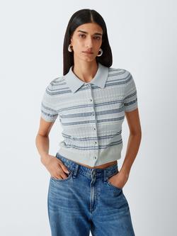 rag & bone Karina Short Sleeve Collared Striped Cotton Rich Knit Cardigan, Blue/Multi, Blue Multi