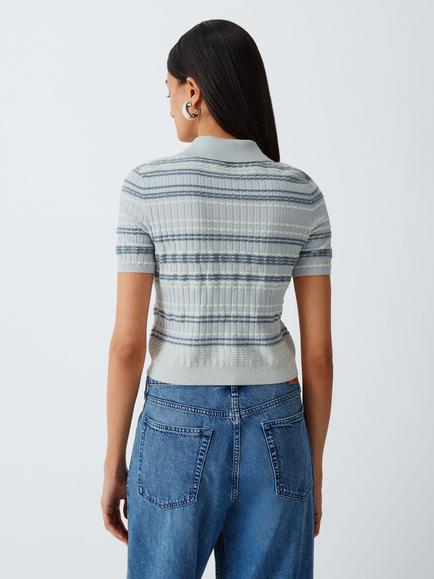 rag & bone Karina Short Sleeve Collared Striped Cotton Rich Knit Cardigan, Blue/Multi - view 2, Blue Multi