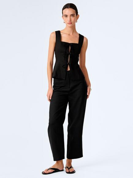OMNES Oprah Tie Front Linen Blend Top, Black