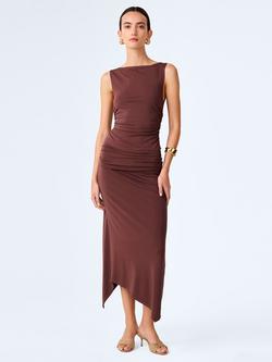 OMNES Cancun Asymmetrical Ruched Midi Skirt, Brown, Brown