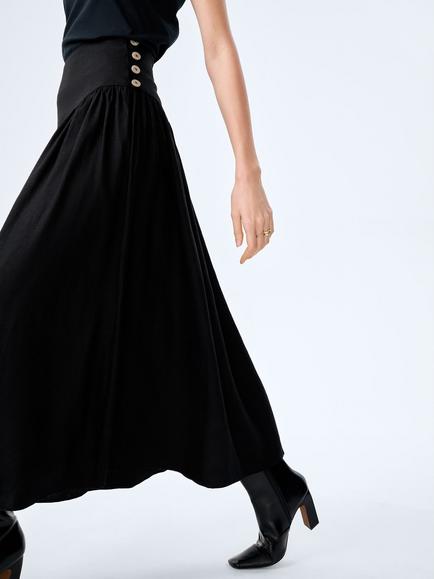 OMNES Lucille Drop Waist Linen Rich Midi Skirt, Black - view 2, Black