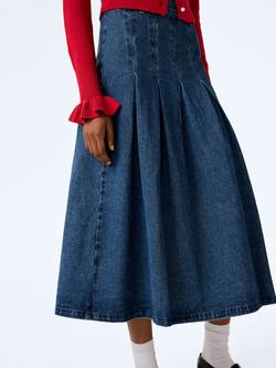 OMNES Pru Denim Pleated Midi Skirt, Mid Wash - view 2, Mid Wash